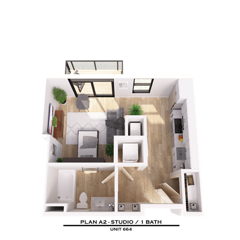 Floor plan for studio, 1 bath, 423 sqft